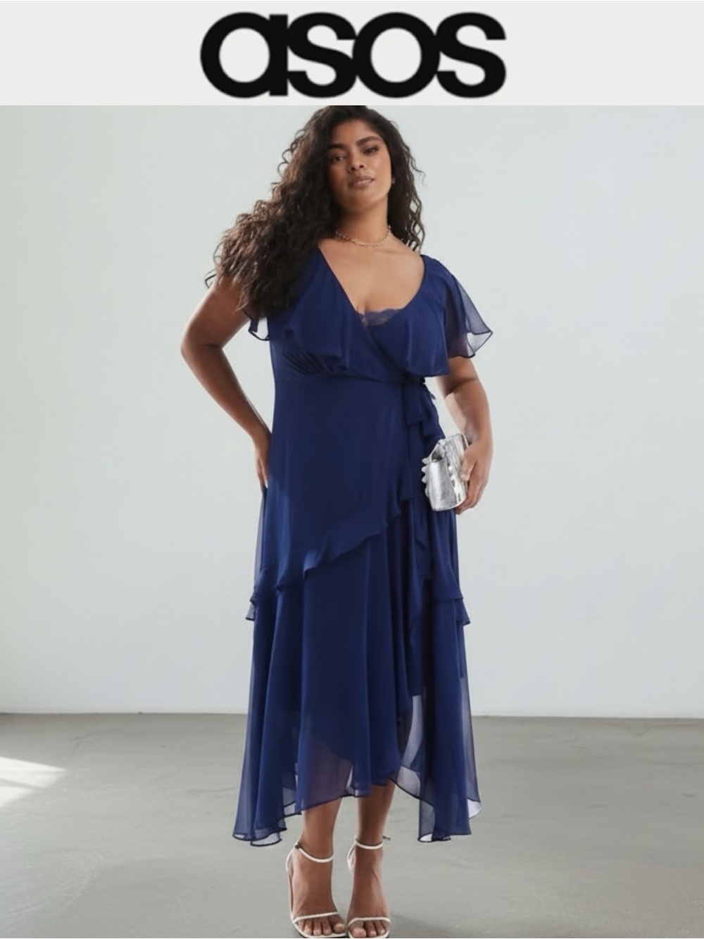 NWT ASOS FOREVER NEW CURVE NAVY CHIFFON RUFFLE FAUX WRAP MIDAXI DRESS SIZE 12